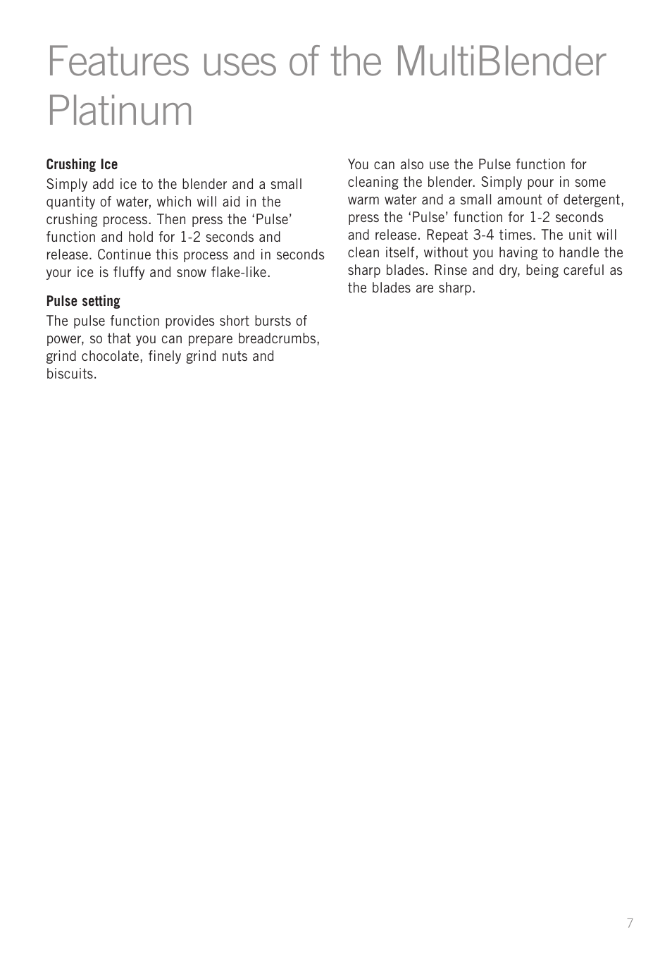 Features uses of the multiblender platinum | Sunbeam PB7610 User Manual | Page 9 / 27