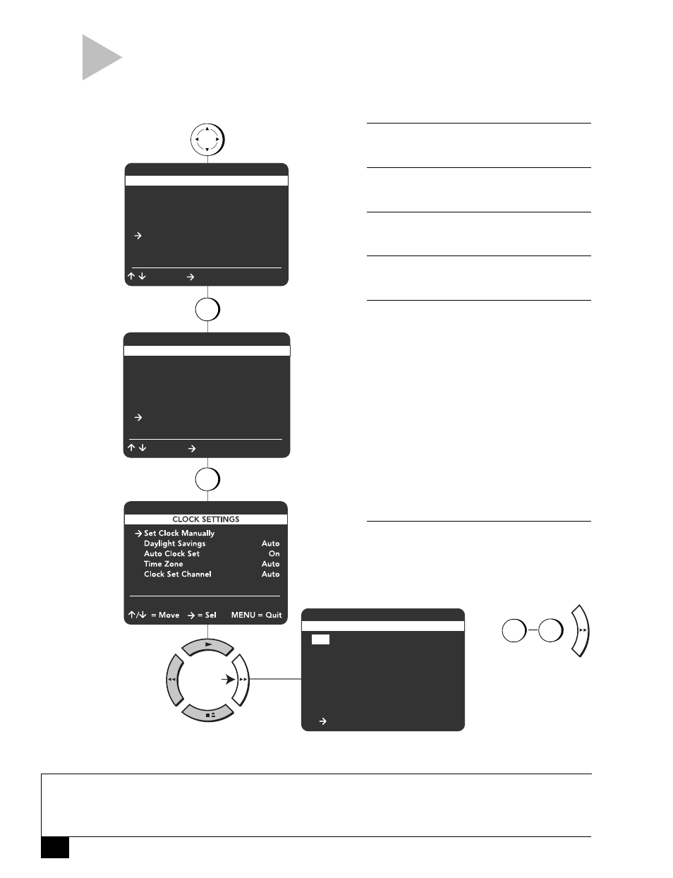 Manual clock settings, Dual-deck vcr user’s guide, Press menu | Press 5, Press 6, Press the right arrow key, Press menu to save and exit the menu system | Sensory Science DDV2120 User Manual | Page 52 / 64
