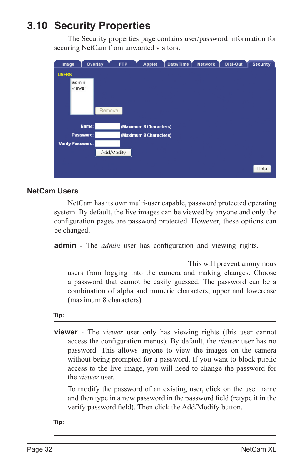 10 security properties | StarDot Technologies netcam XL User Manual | Page 32 / 46