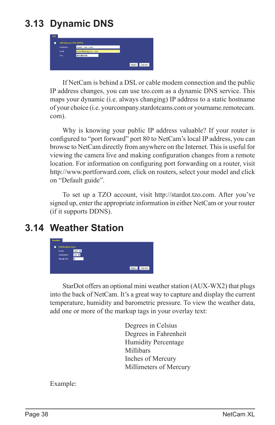 13 dynamic dns, 14 weather station | StarDot Technologies netcam XL User Manual | Page 38 / 46