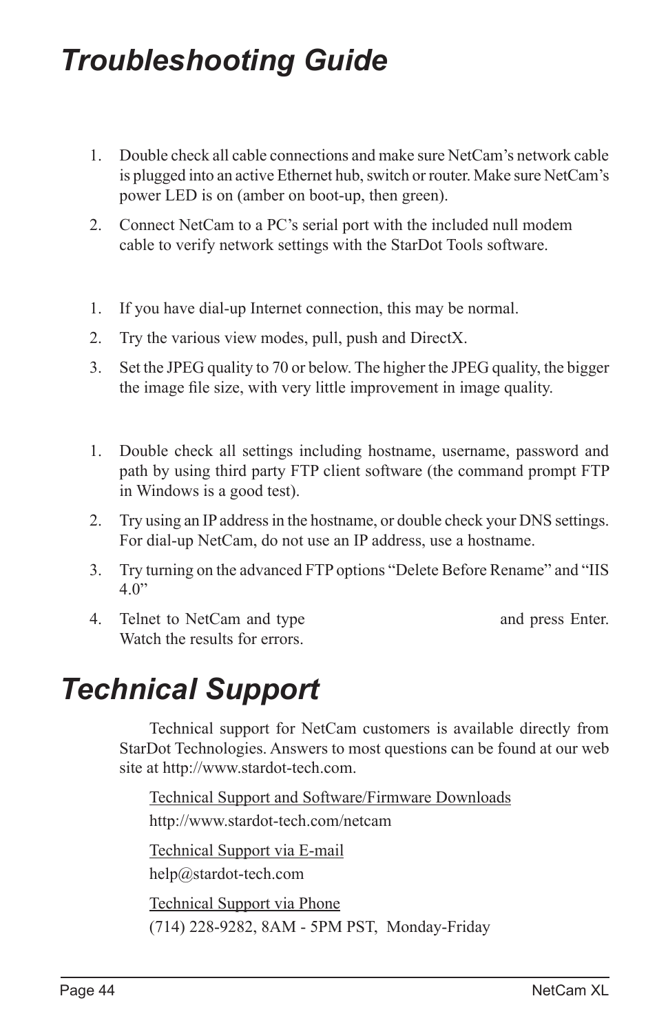 Troubleshooting guide, Technical support | StarDot Technologies netcam XL User Manual | Page 44 / 46