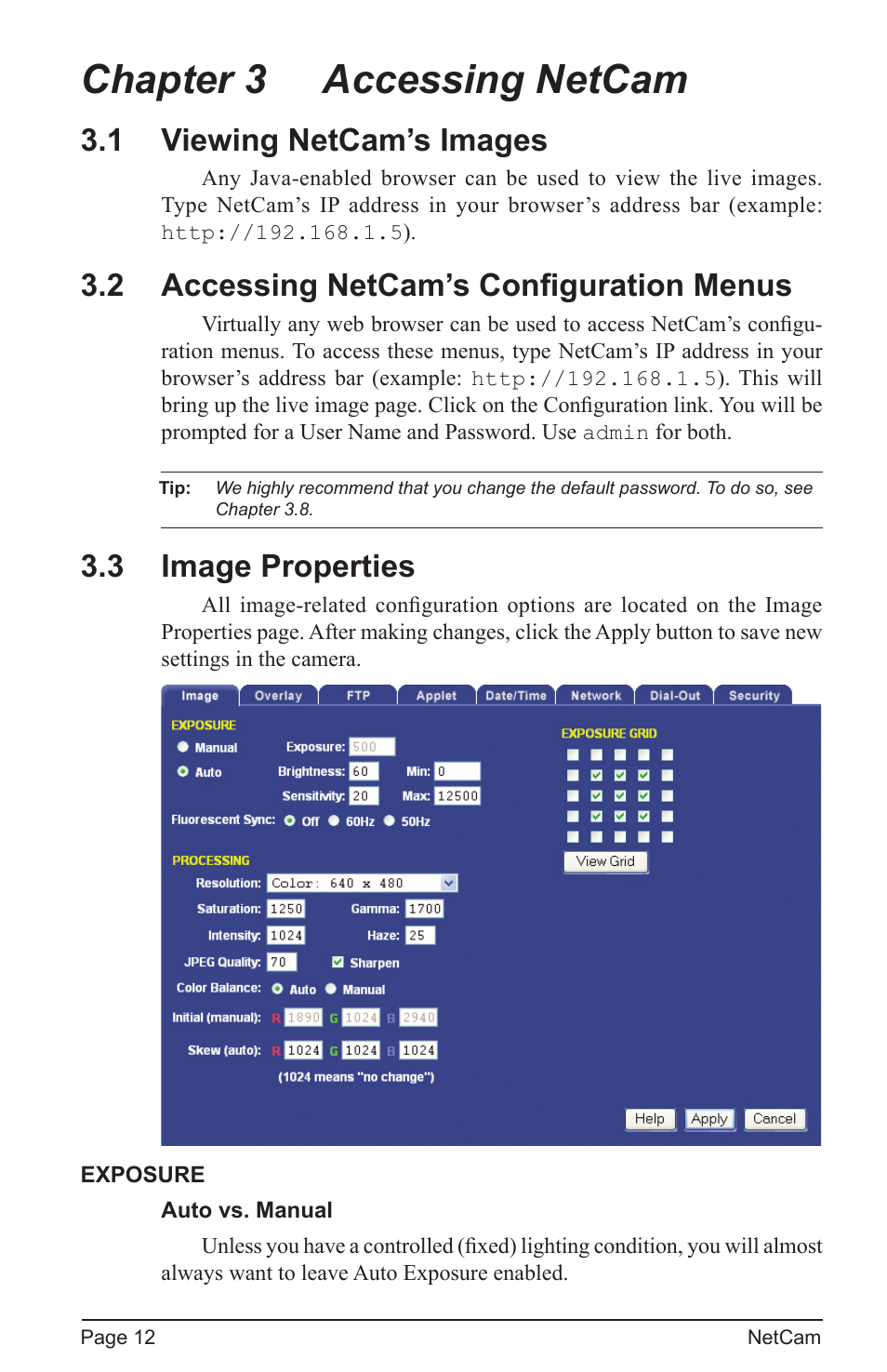 Chapter 3 accessing netcam, 1 viewing netcam’s images, 2 accessing netcam’s configuration menus | 3 image properties | StarDot Technologies net camera User Manual | Page 12 / 42