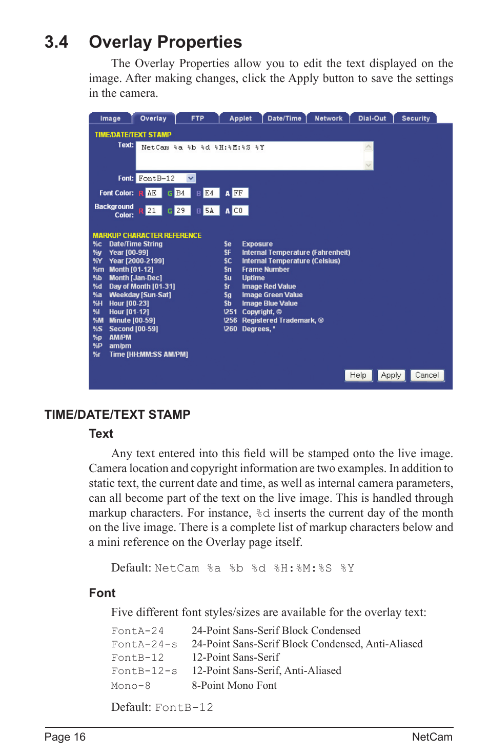 4 overlay properties | StarDot Technologies net camera User Manual | Page 16 / 42