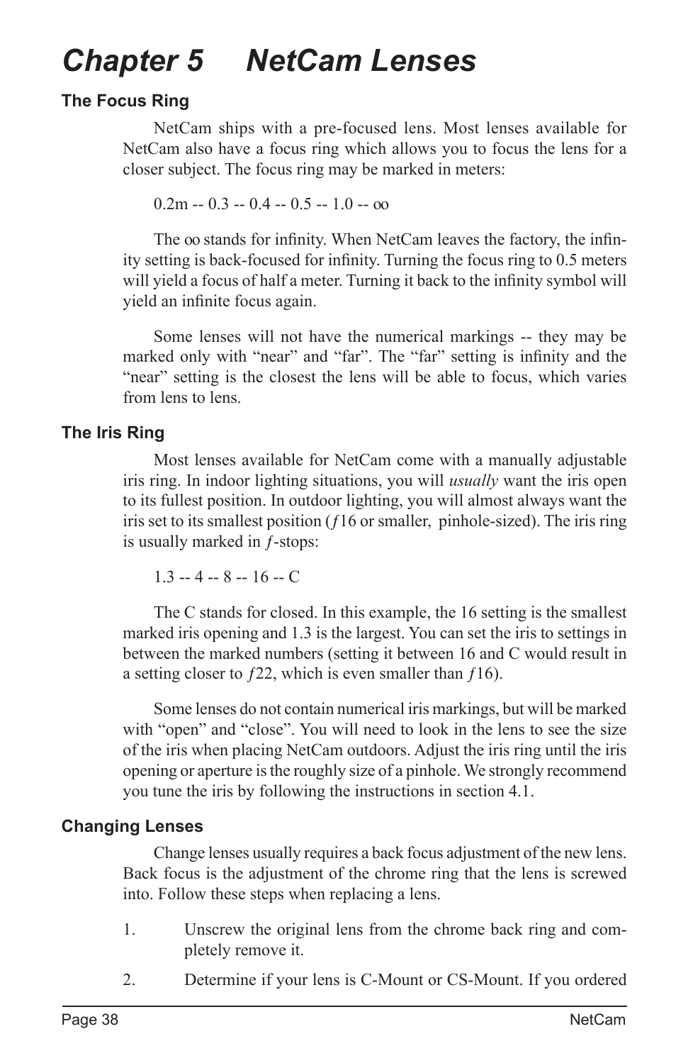 Chapter 5 netcam lenses | StarDot Technologies net camera User Manual | Page 38 / 42
