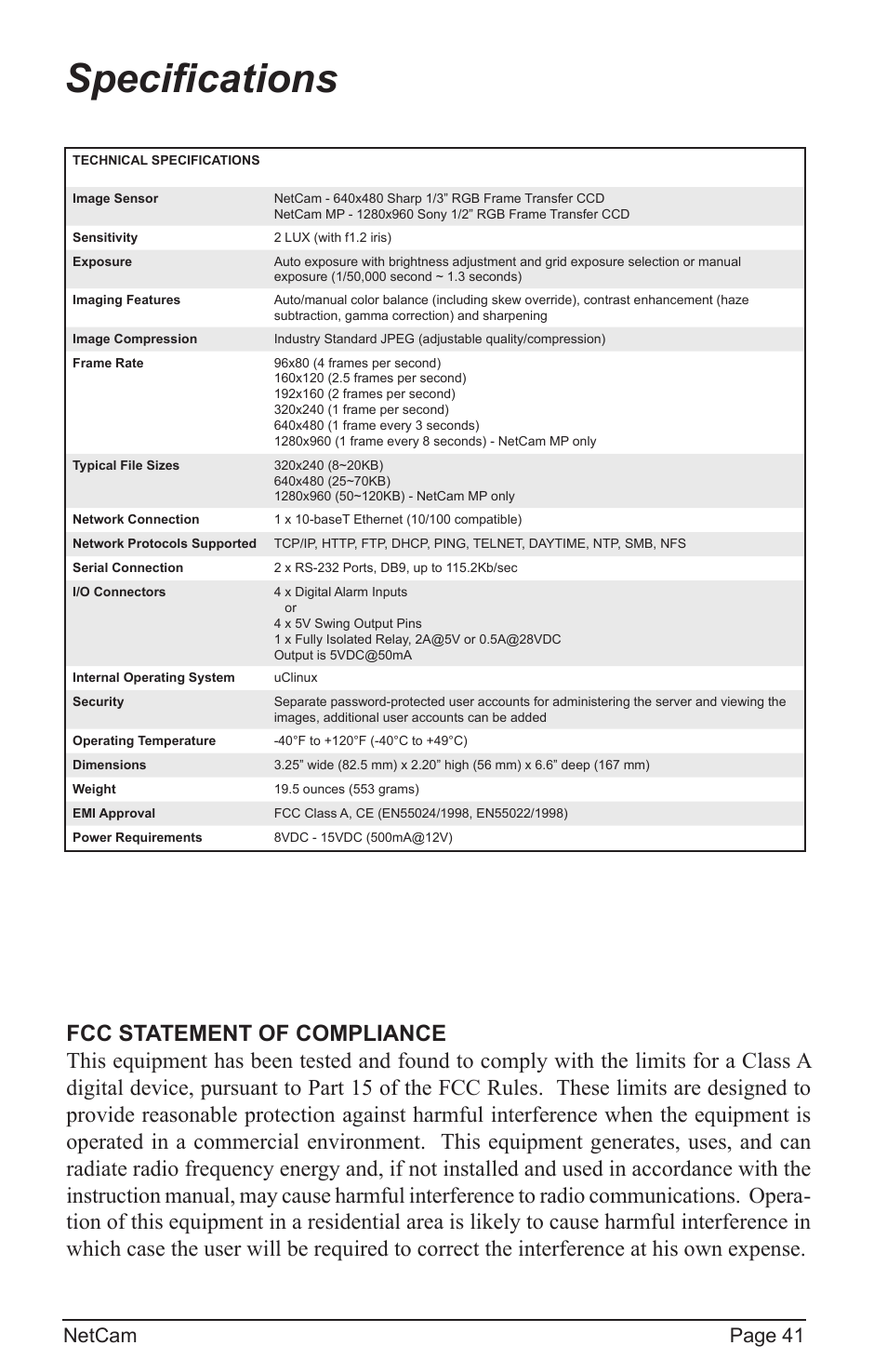 Specifications, Netcam page 41 | StarDot Technologies net camera User Manual | Page 41 / 42