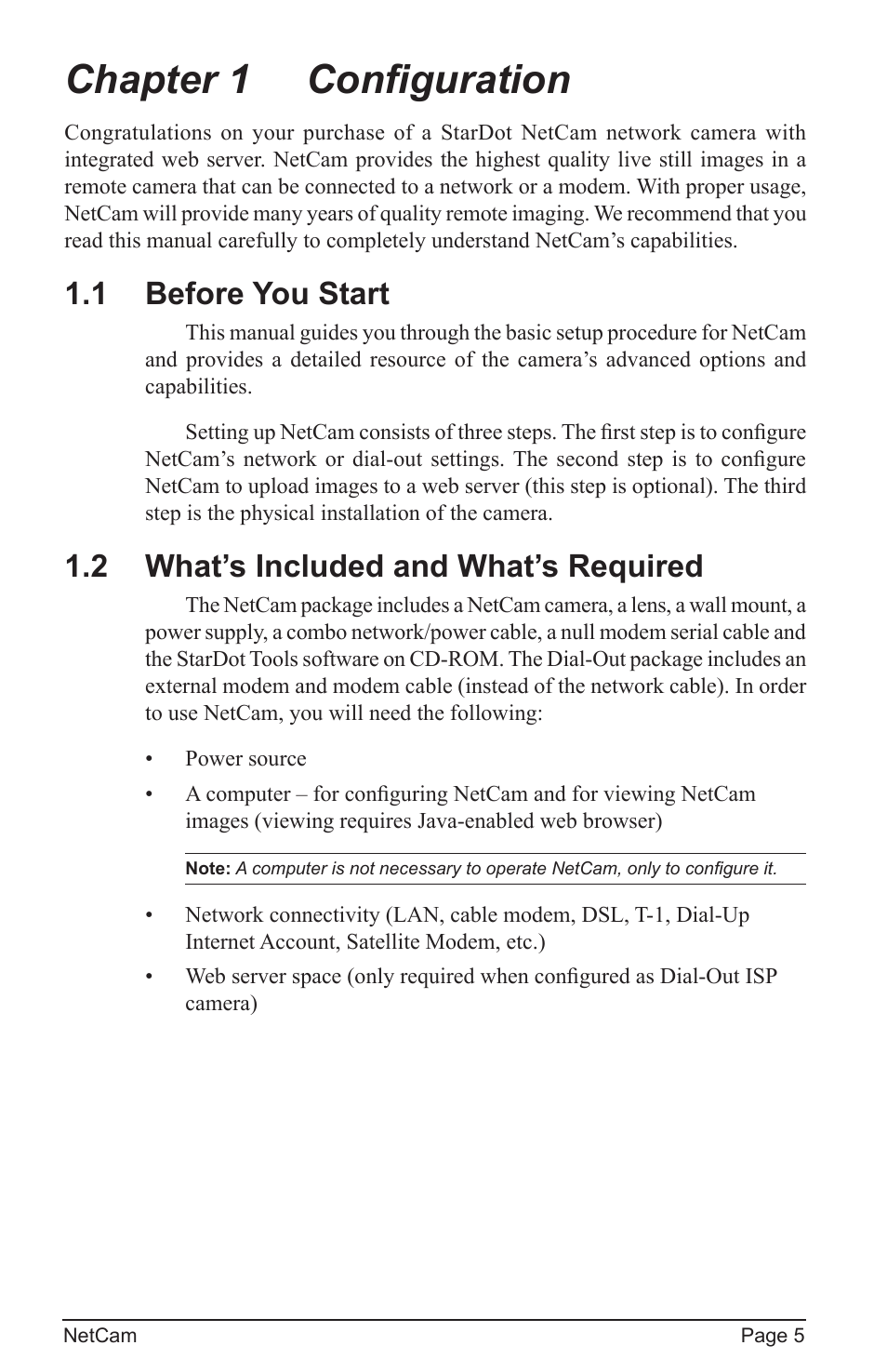Chapter 1 configuration, 1 before you start, 2 what’s included and what’s required | StarDot Technologies net camera User Manual | Page 5 / 42
