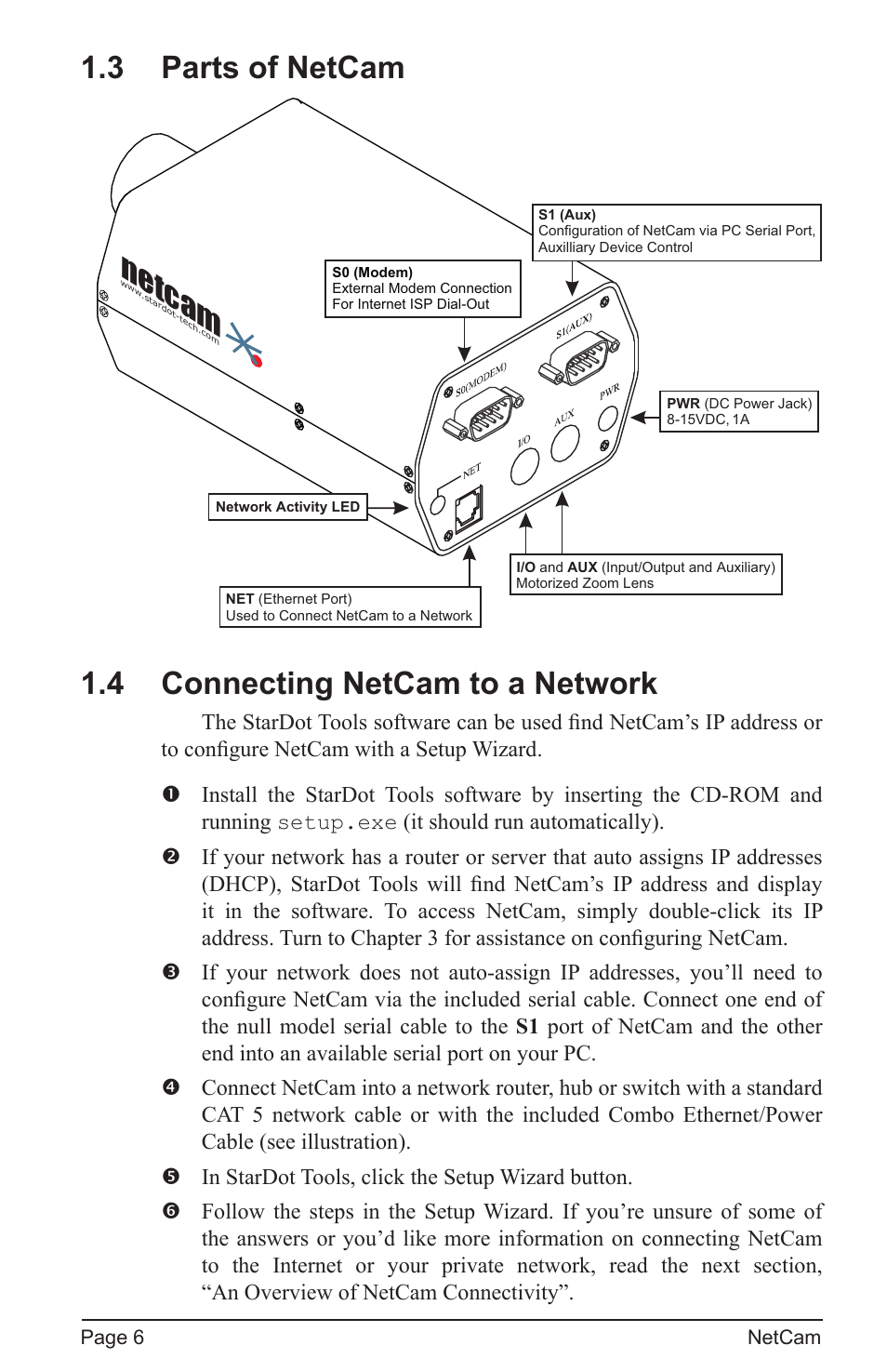 Netc am, 3 parts of netcam, 4 connecting netcam to a network | StarDot Technologies net camera User Manual | Page 6 / 42