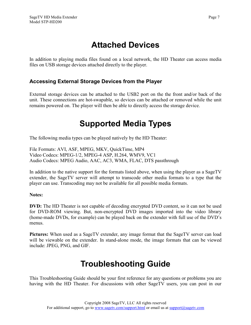 Attached devices, Accessing external storage devices from the player, Supported media types | Troubleshooting guide | Sager Electronics STP-HD200 User Manual | Page 7 / 12