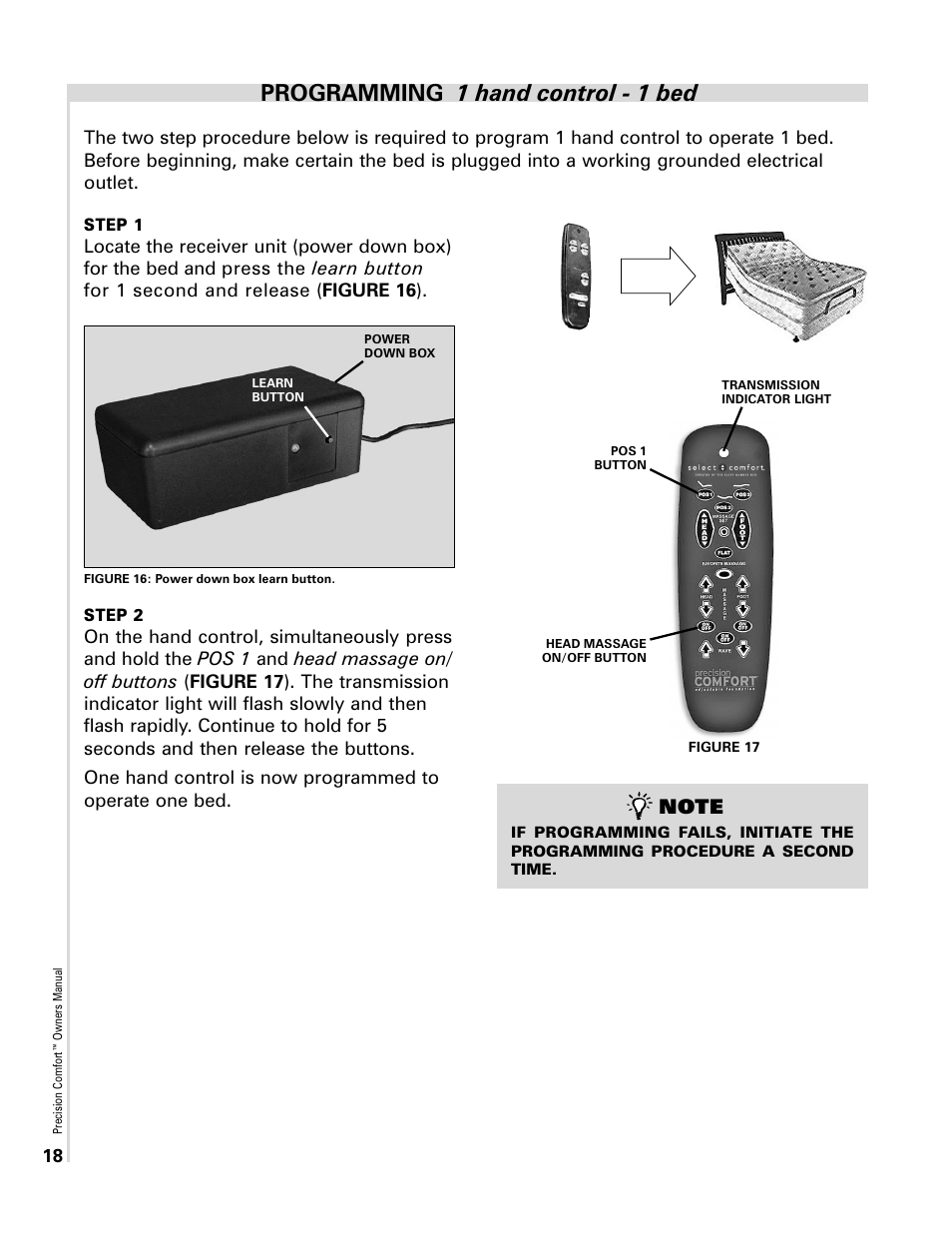 Programming 1 hand control - 1 bed | Select Comfort Precision Comfort Adjustable Foundation User Manual | Page 18 / 28