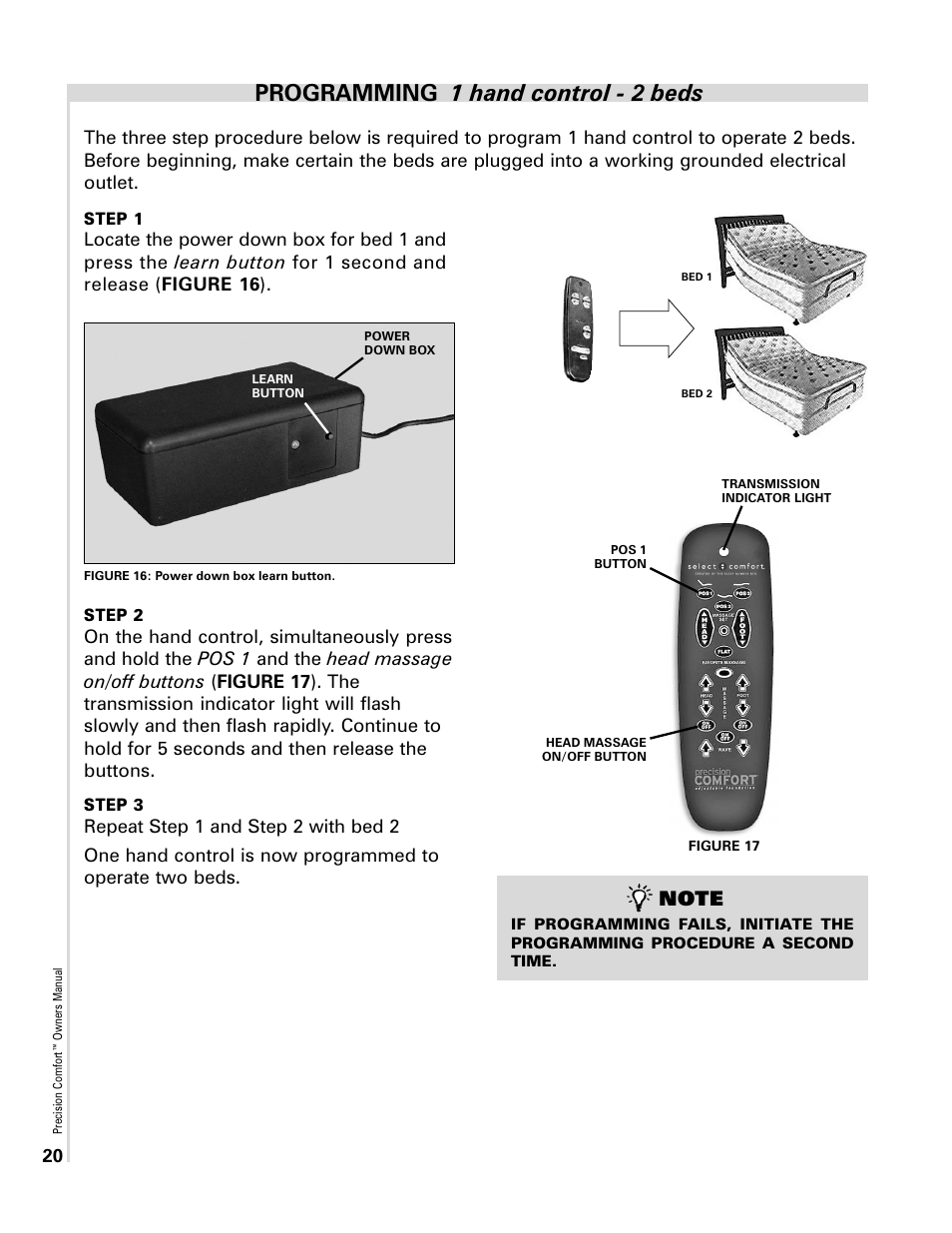 Programming 1 hand control - 2 beds | Select Comfort Precision Comfort Adjustable Foundation User Manual | Page 20 / 28