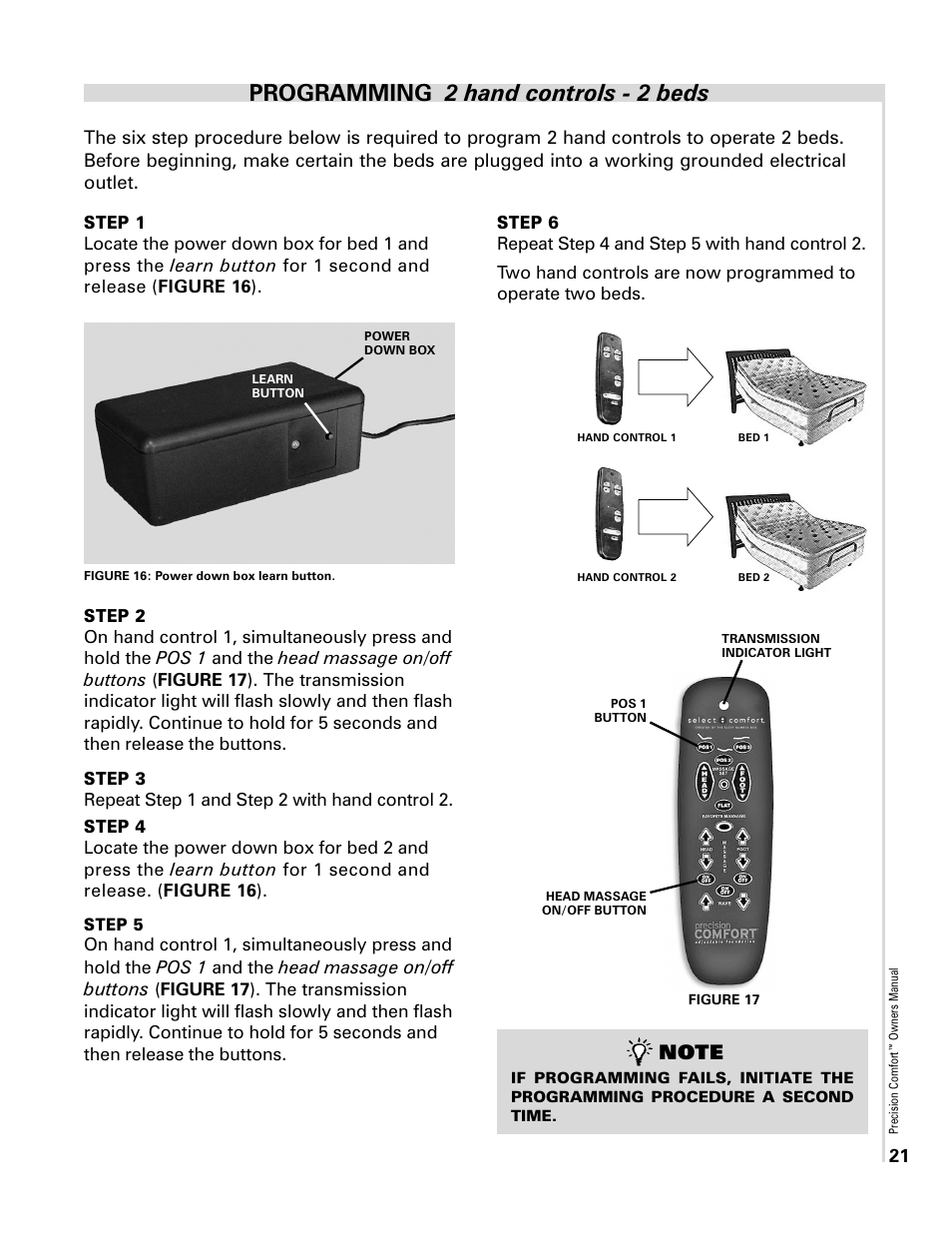 Programming 2 hand controls - 2 beds | Select Comfort Precision Comfort Adjustable Foundation User Manual | Page 21 / 28