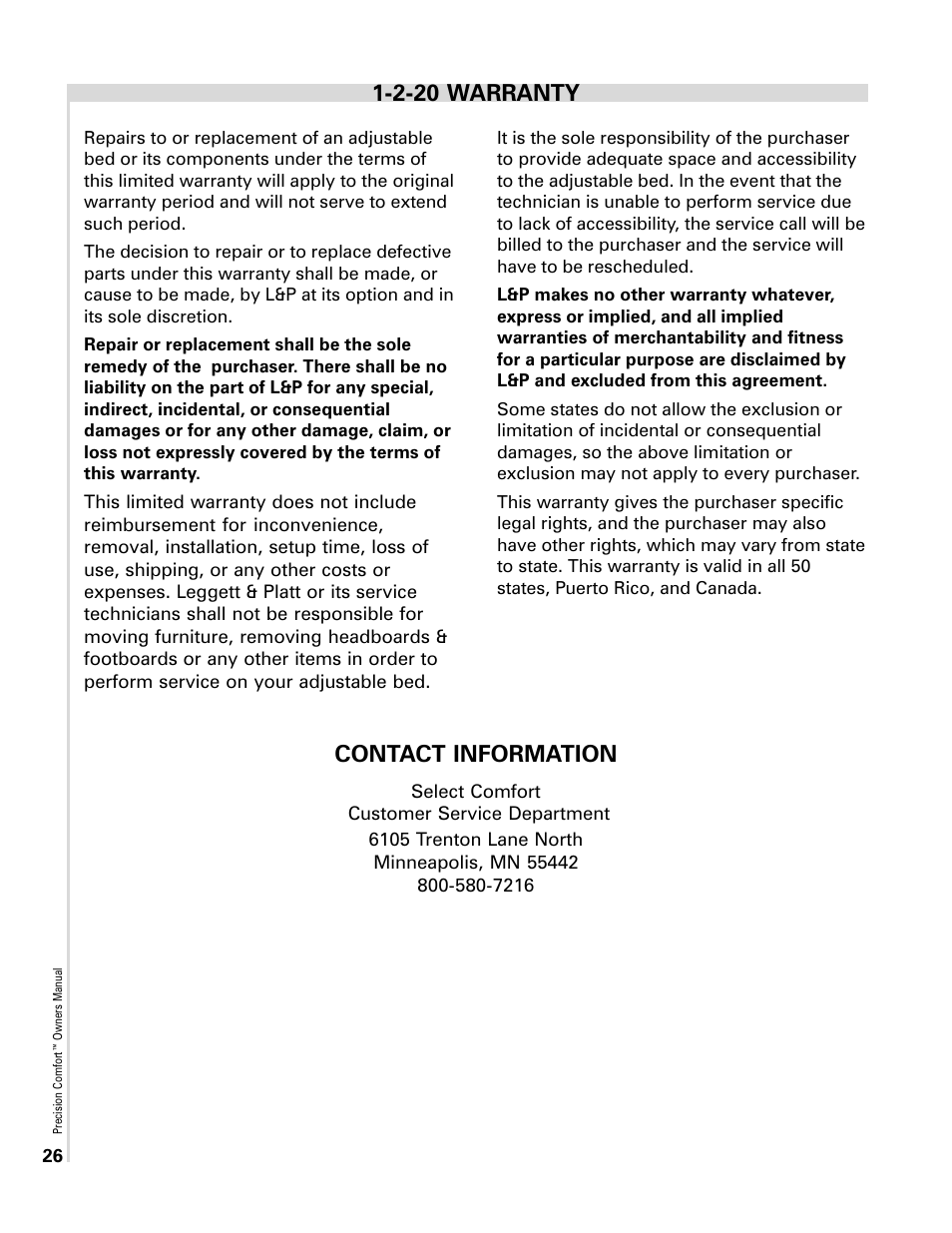 2-20 warranty, Contact information | Select Comfort Precision Comfort Adjustable Foundation User Manual | Page 26 / 28