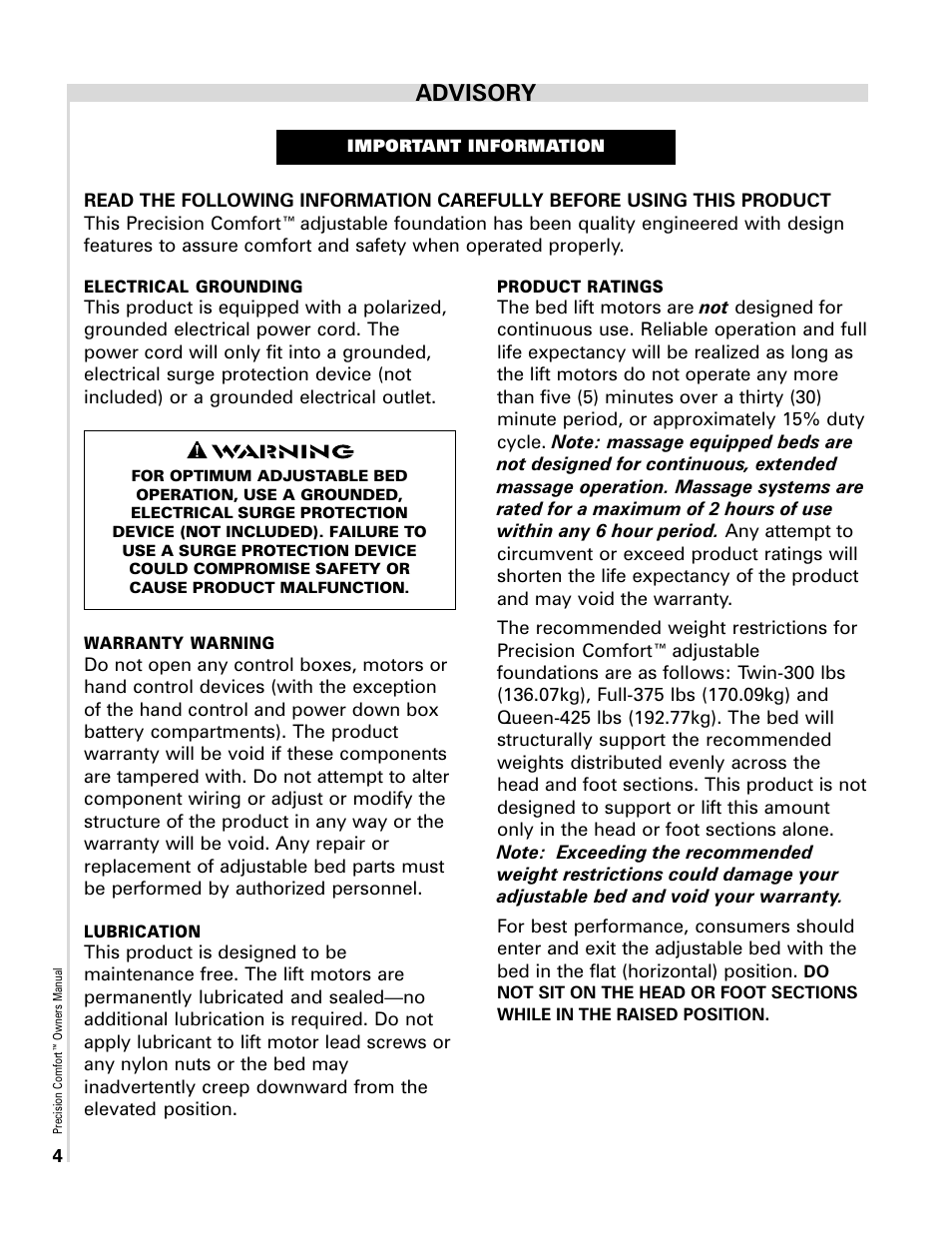 Advisory | Select Comfort Precision Comfort Adjustable Foundation User Manual | Page 4 / 28
