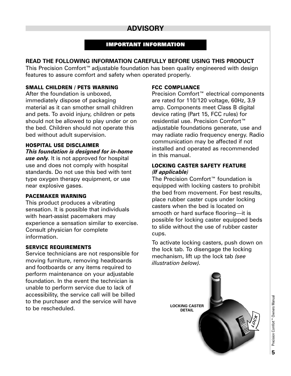 Advisory | Select Comfort Precision Comfort Adjustable Foundation User Manual | Page 5 / 28
