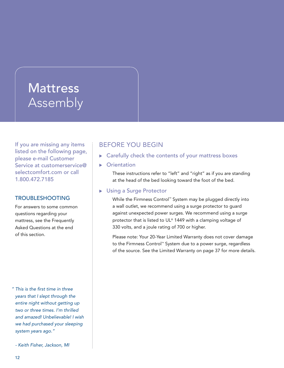 Mattress assembly, Before you begin | Select Comfort U 3000 User Manual | Page 14 / 42