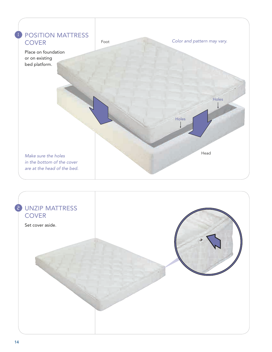 Unzip mattress cover, Position mattress cover | Select Comfort U 3000 User Manual | Page 16 / 42