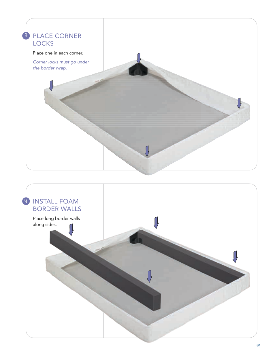 Place corner locks, Install foam border walls | Select Comfort U 3000 User Manual | Page 17 / 42