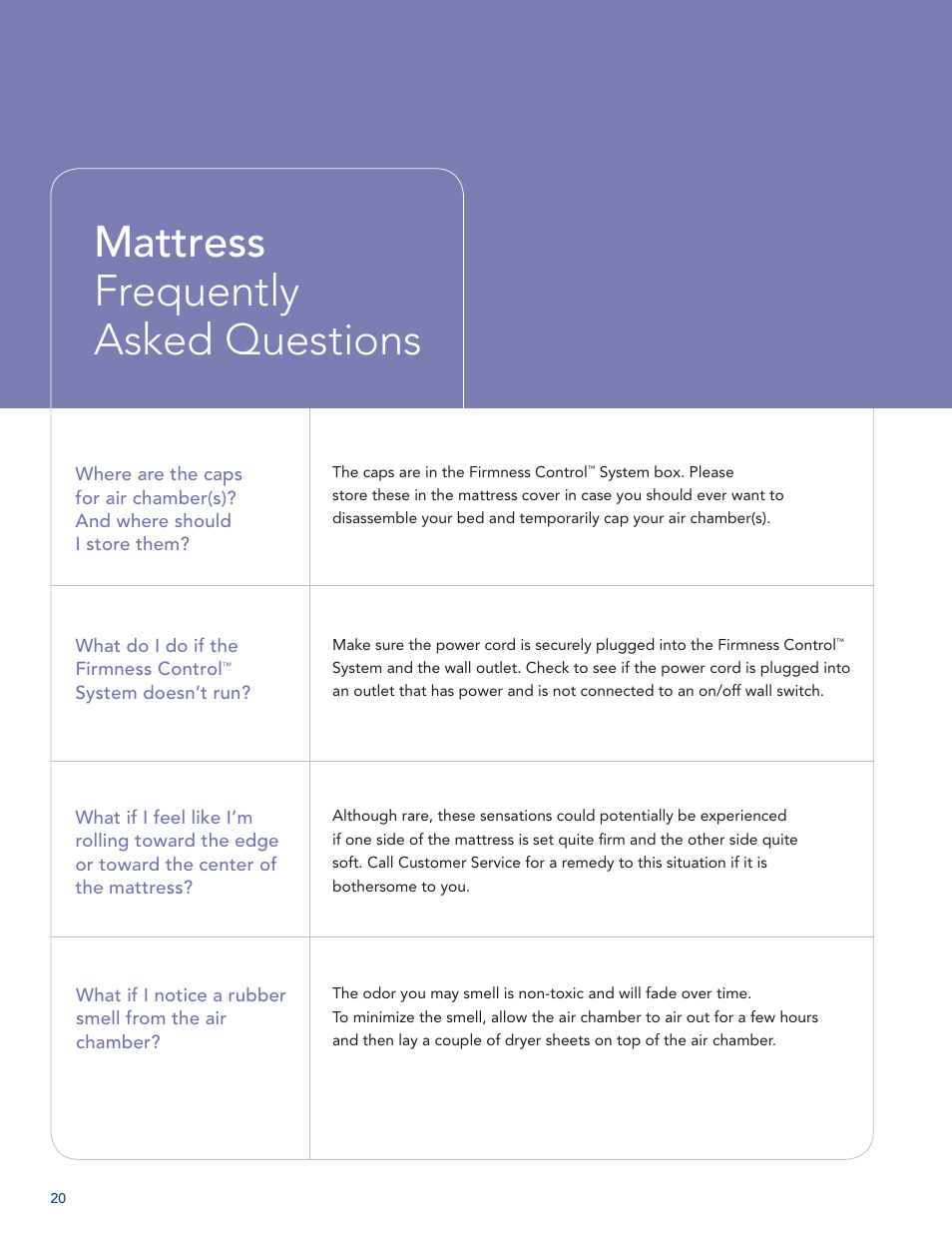 Mattress frequently asked questions | Select Comfort U 3000 User Manual | Page 22 / 42