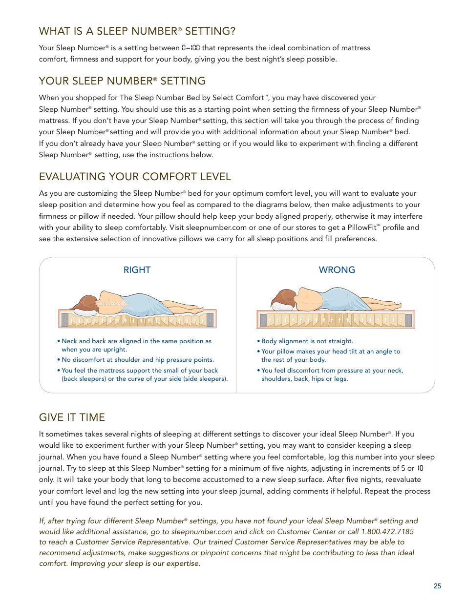What is a sleep number, Setting, Your sleep number | Evaluating your comfort level, Give it time, Right wrong | Select Comfort U 3000 User Manual | Page 27 / 42