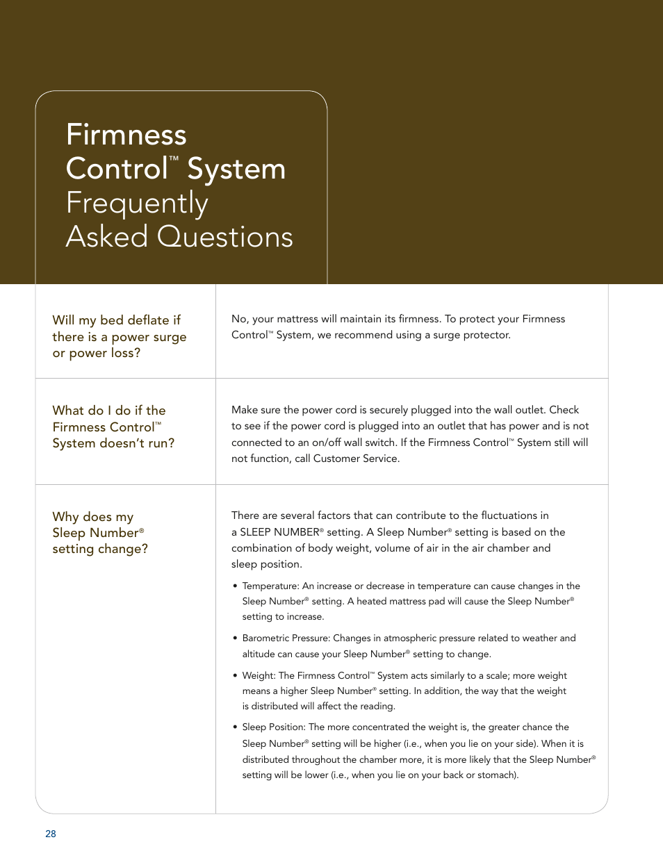 Firmness control, System frequently asked questions | Select Comfort U 3000 User Manual | Page 30 / 42