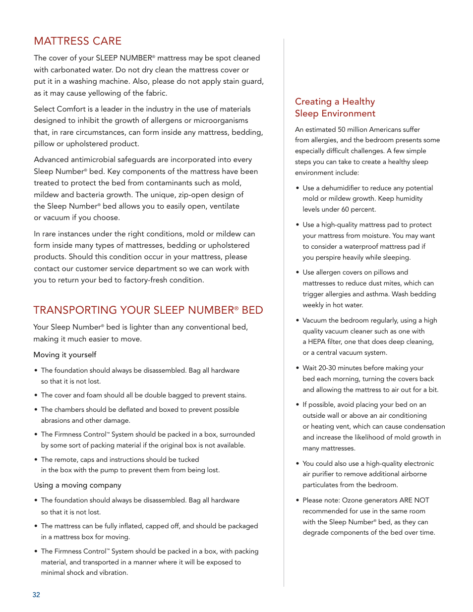 Mattress care, Transporting your sleep number, Creating a healthy sleep environment | Select Comfort U 3000 User Manual | Page 34 / 42