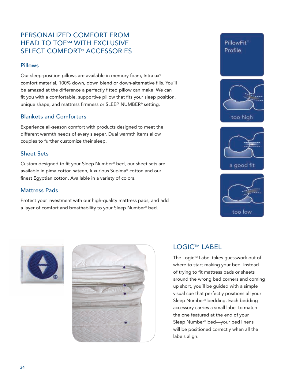 Personalized comfort from head to toe, With exclusive select comfort, Accessories | Logic, Label, Pillows, Blankets and comforters, Sheet sets, Mattress pads | Select Comfort U 3000 User Manual | Page 36 / 42