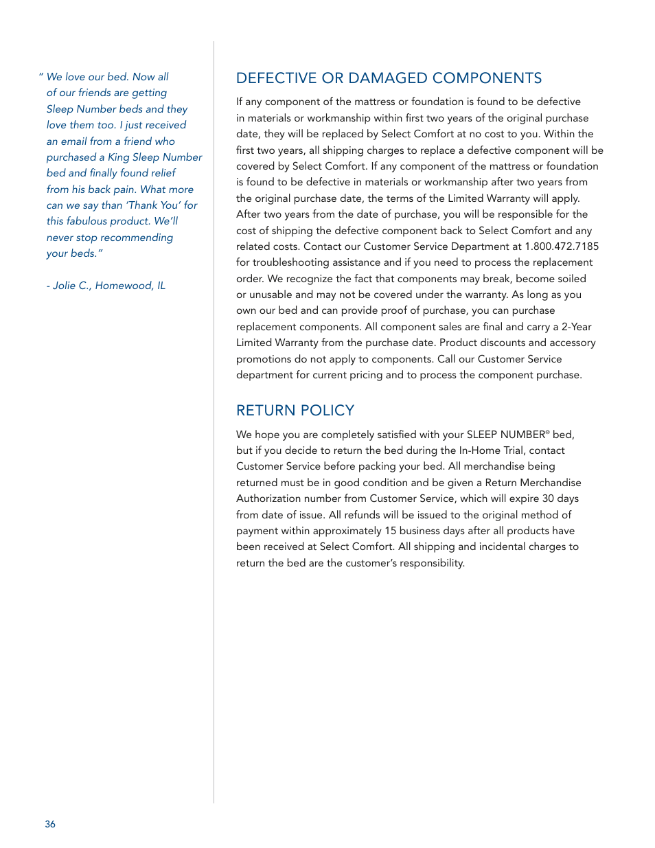 Defective or damaged components, Return policy | Select Comfort U 3000 User Manual | Page 38 / 42
