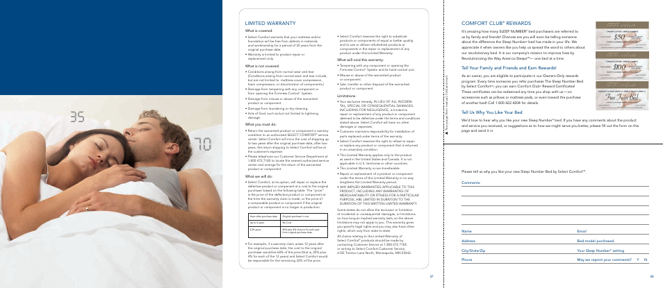 Limited warranty comfort club, Rewards, Tell your family and friends and earn rewards | Tell us why you like your bed | Select Comfort U 3000 User Manual | Page 40 / 42