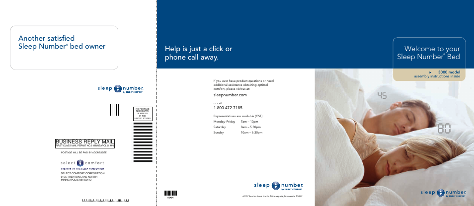 Another satisfied sleep number, Bed owner, Welcome to your sleep number | Help is just a click or phone call away, Business reply mail | Select Comfort U 3000 User Manual | Page 42 / 42