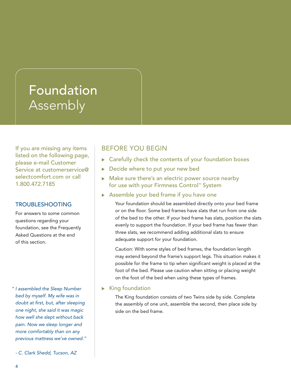Foundation assembly, Before you begin | Select Comfort U 3000 User Manual | Page 6 / 42