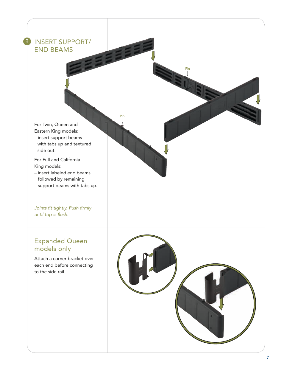 Insert support/ end beams, Expanded queen models only | Select Comfort U 3000 User Manual | Page 9 / 42