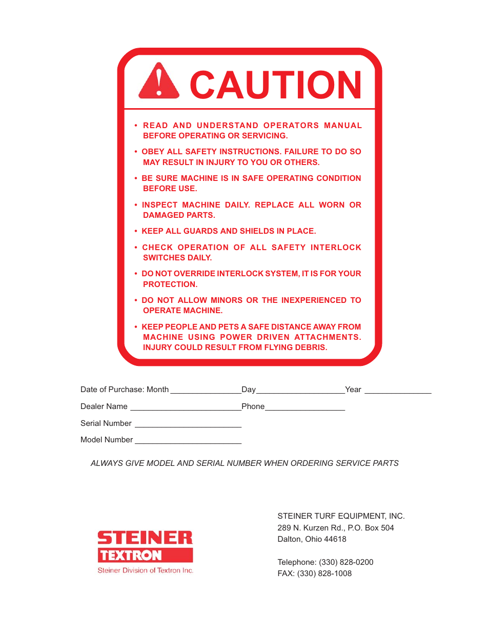 Inside cover, Caution | Steiner Turf LS340 User Manual | Page 2 / 14