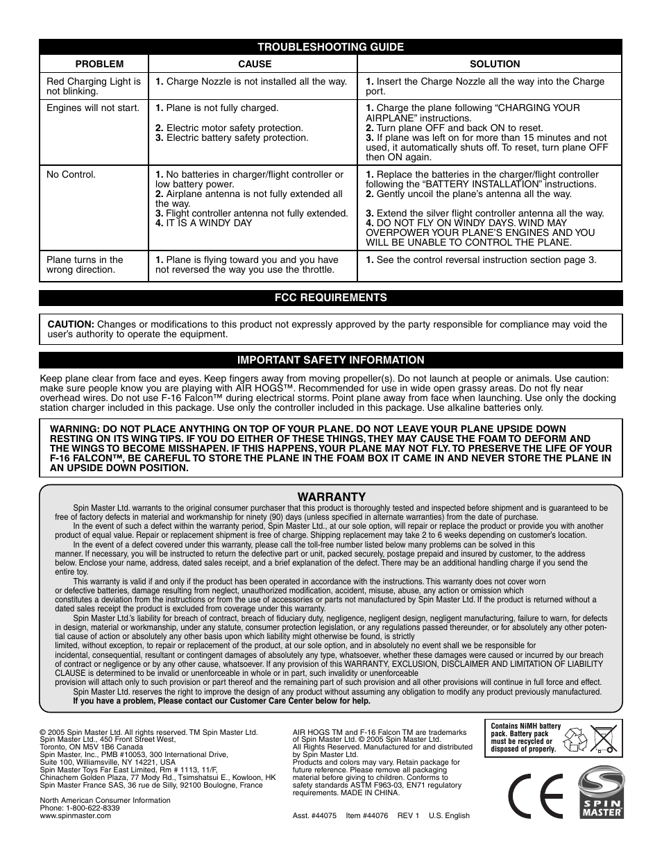 Warranty | Spin Master Air Hogs RC F-16 Falcon User Manual | Page 4 / 4