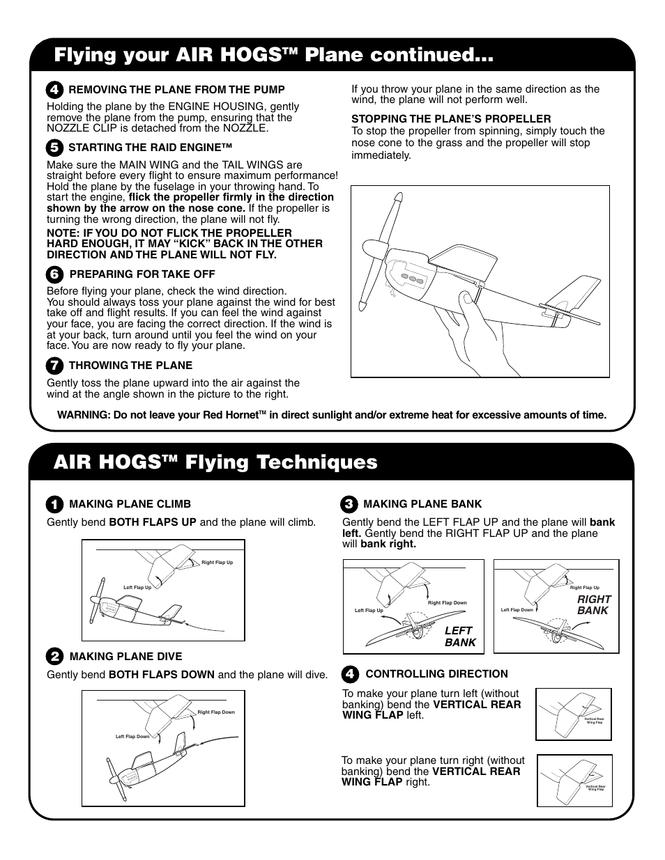 Flying your air hogs, Plane continued… air hogs, Flying techniques | Spin Master Air Hogs Red Hornet User Manual | Page 3 / 4