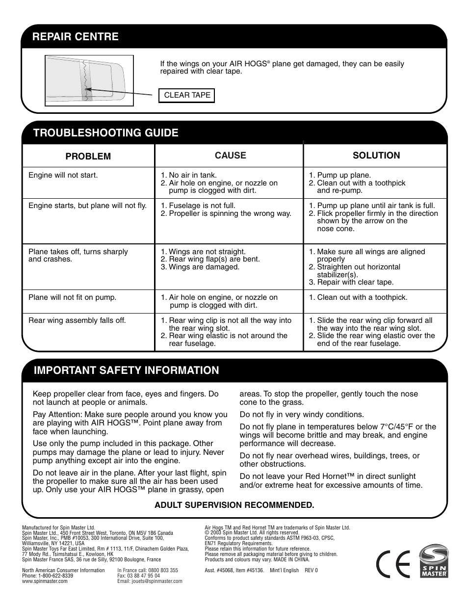 Repair centre, Troubleshooting guide, Important safety information | Spin Master Air Hogs Red Hornet User Manual | Page 4 / 4