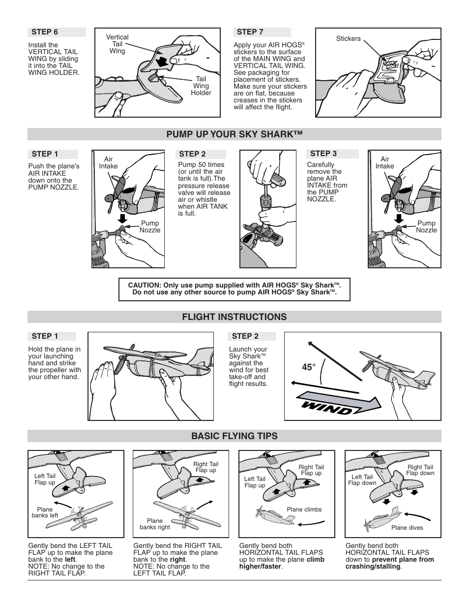 Flight instructions, Pump up your sky shark, Basic flying tips | Spin Master Air Hogs 45130 User Manual | Page 2 / 3