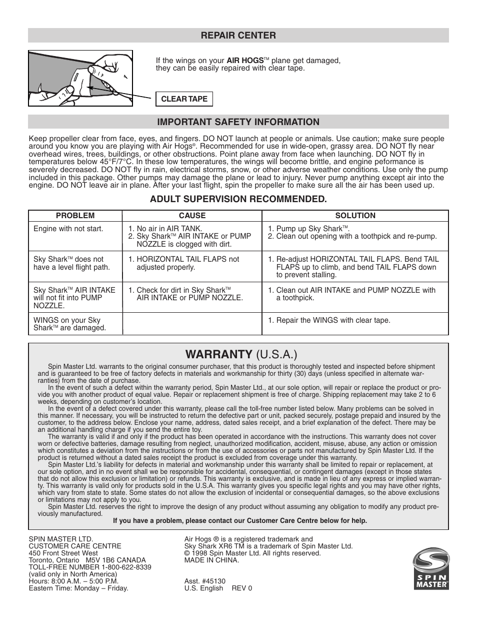 Warranty (u.s.a.) | Spin Master Air Hogs 45130 User Manual | Page 3 / 3