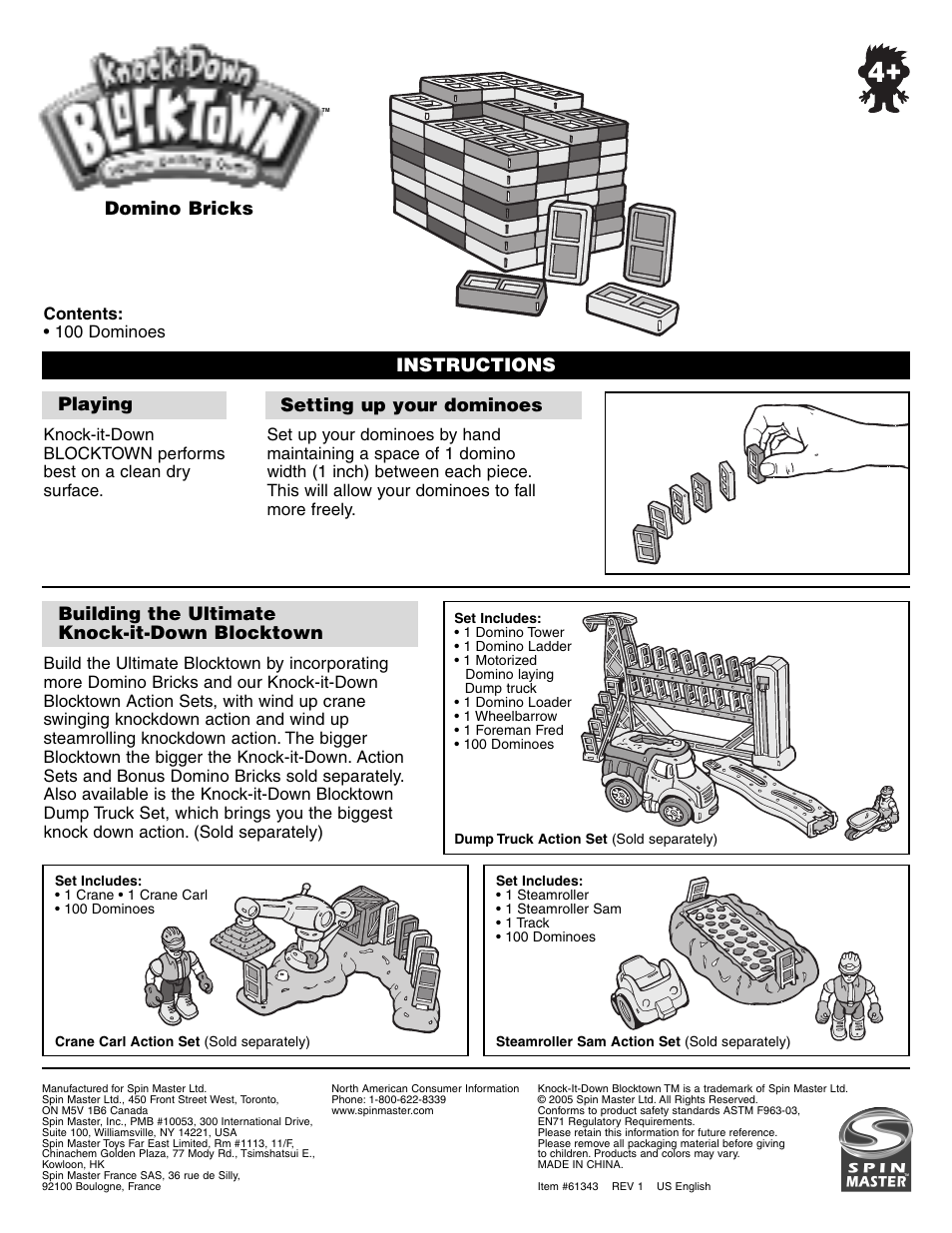 Instructions, Domino bricks | Spin Master Knock Down Blocktown User Manual | Page 3 / 5
