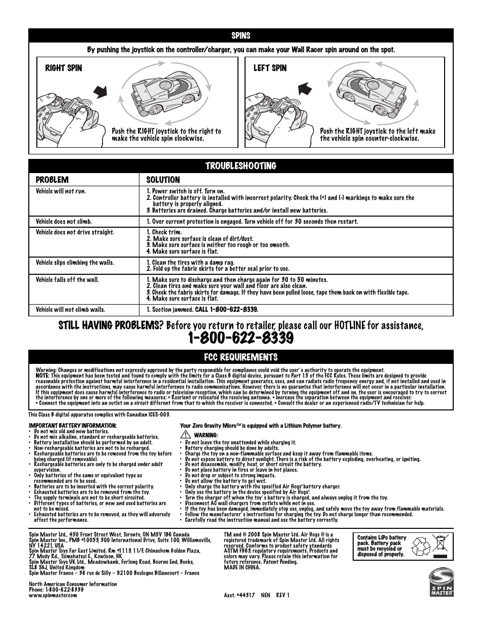 Troubleshooting, Fcc requirements, Right spin | Spins, Problem, Solution, Left spin | Spin Master Air Hogs Zero Gravity Micro User Manual | Page 4 / 4