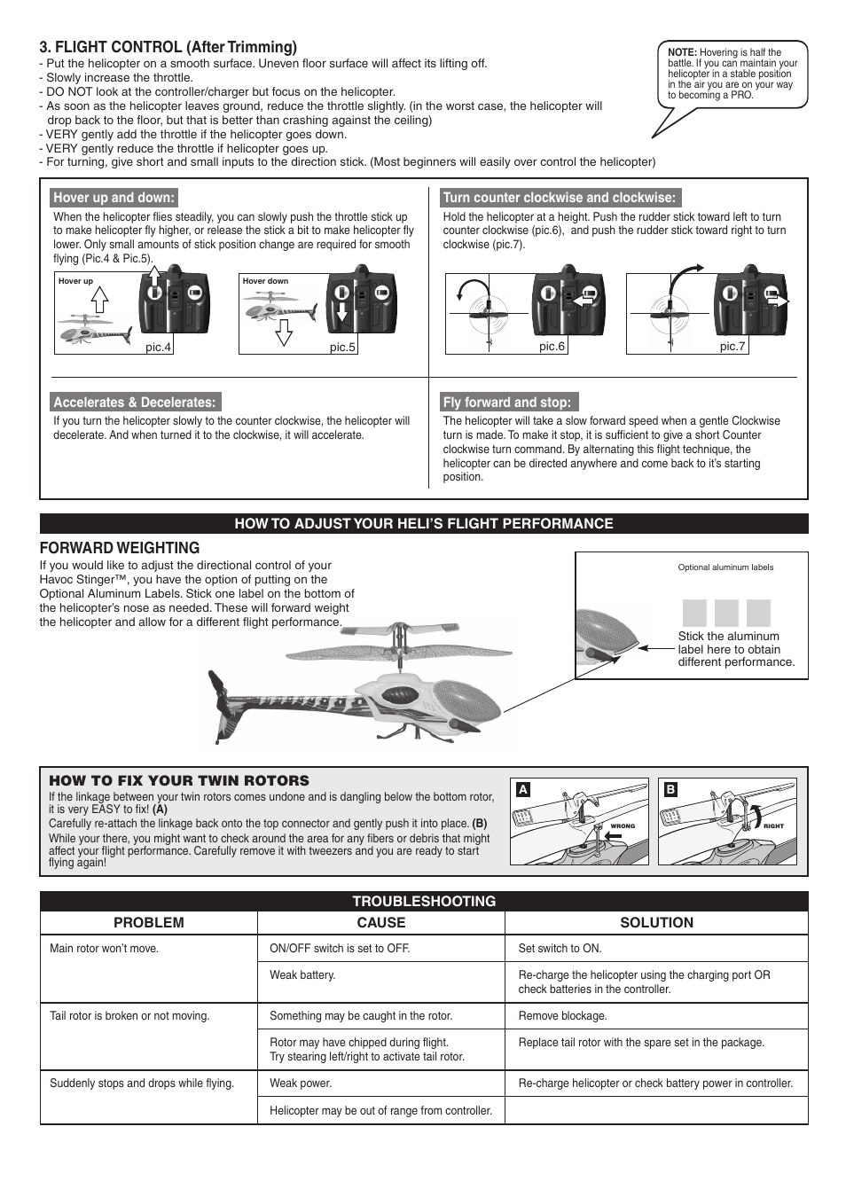 Flight control (after trimming) forward weighting | Spin Master Havoc Stinger User Manual | Page 3 / 4
