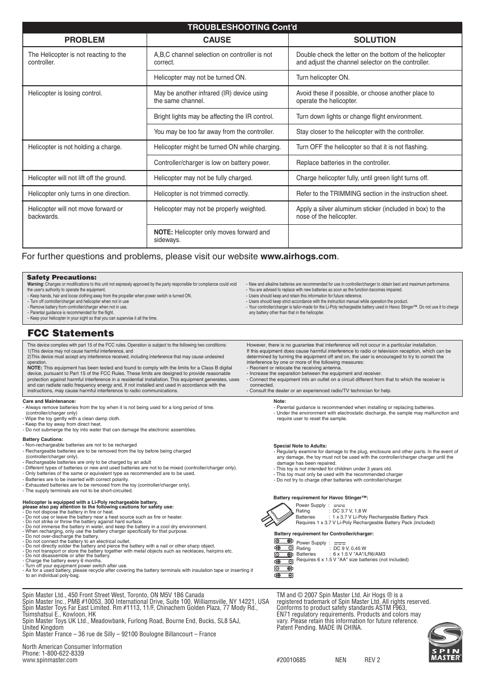 Fcc statements, Troubleshooting cont’d, Problem | Cause, Solution | Spin Master Havoc Stinger User Manual | Page 4 / 4