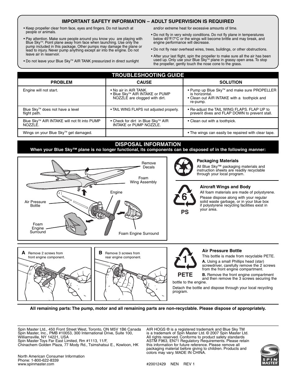 Pete, Troubleshooting guide, Disposal information | Spin Master Air Hogs Blue Sky User Manual | Page 2 / 2