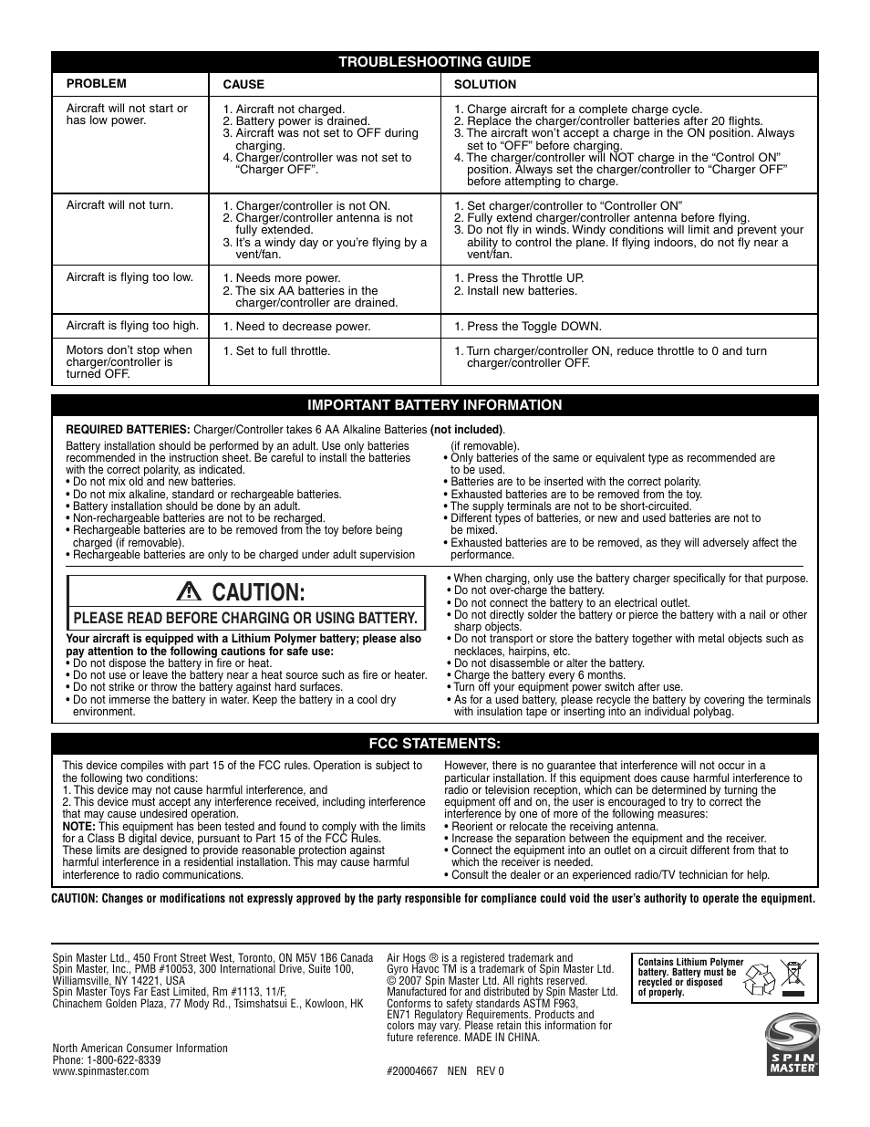 Caution, Please read before charging or using battery | Spin Master Air Hogs RC Gyro Havoc User Manual | Page 4 / 4
