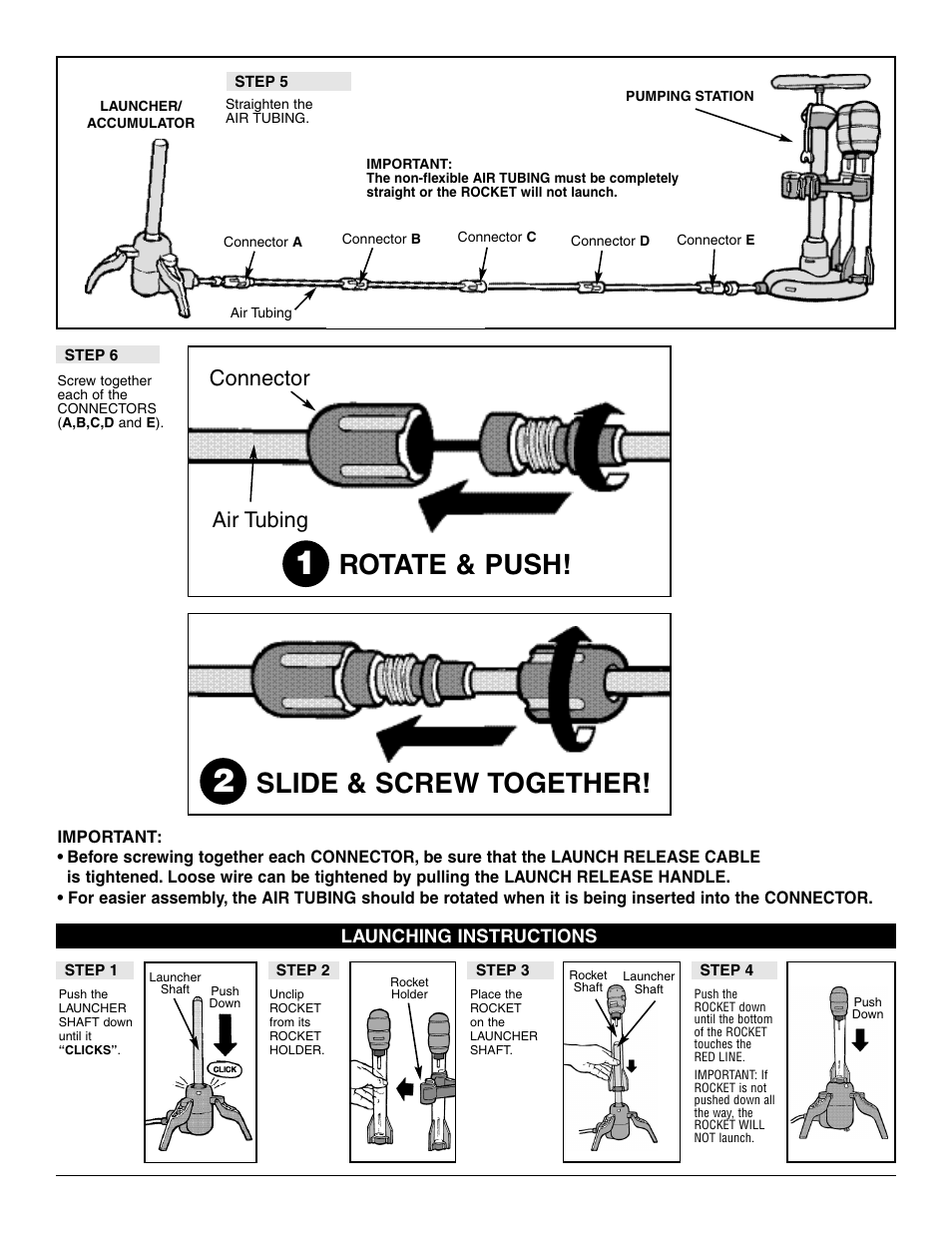 Rotate & push, Slide & screw together, Connector air tubing | Spin Master Air Hogs Boeing Delta Air Rocket User Manual | Page 2 / 4