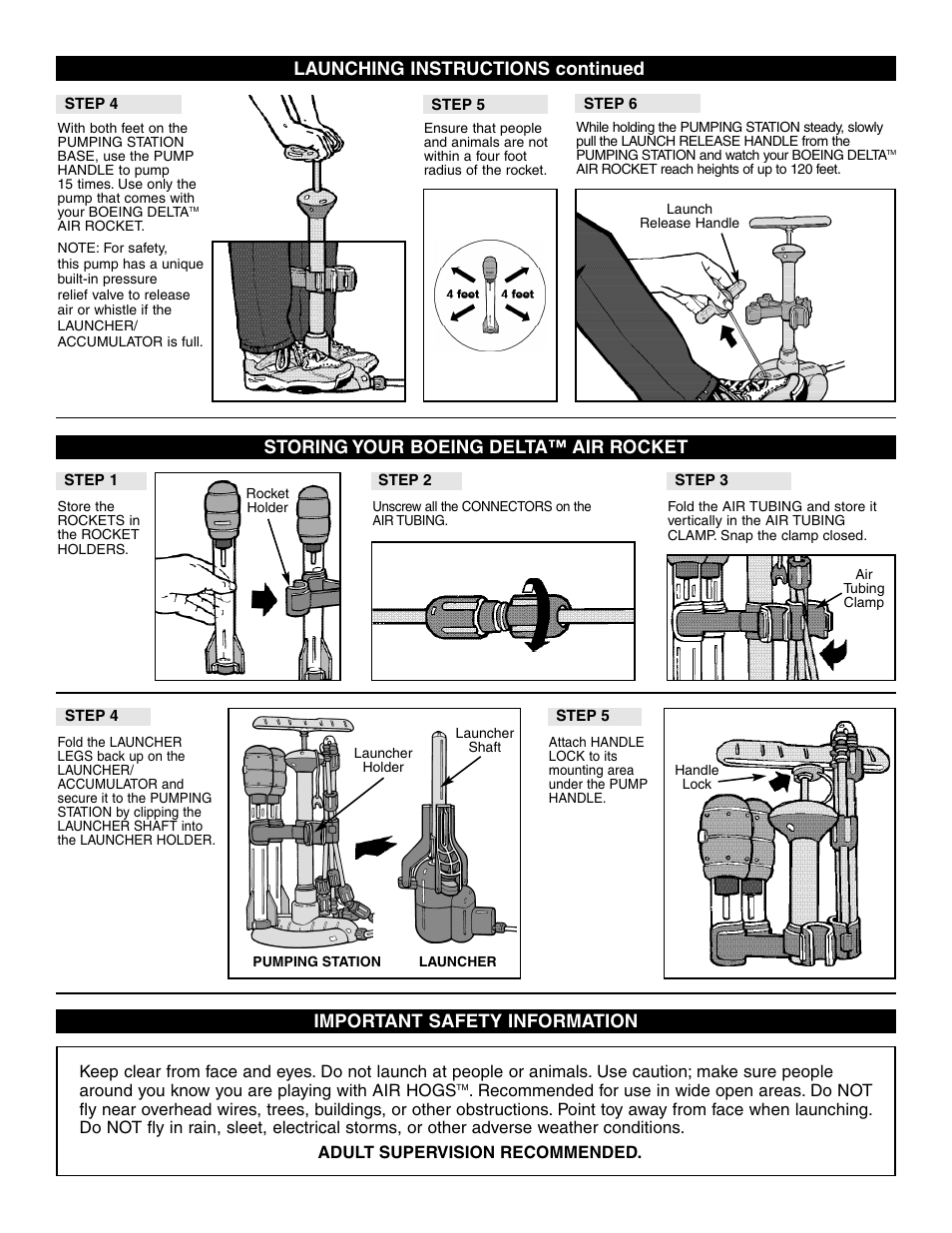 Storing your boeing delta™ air rocket, Important safety information, Launching instructions continued | Spin Master Air Hogs Boeing Delta Air Rocket User Manual | Page 3 / 4