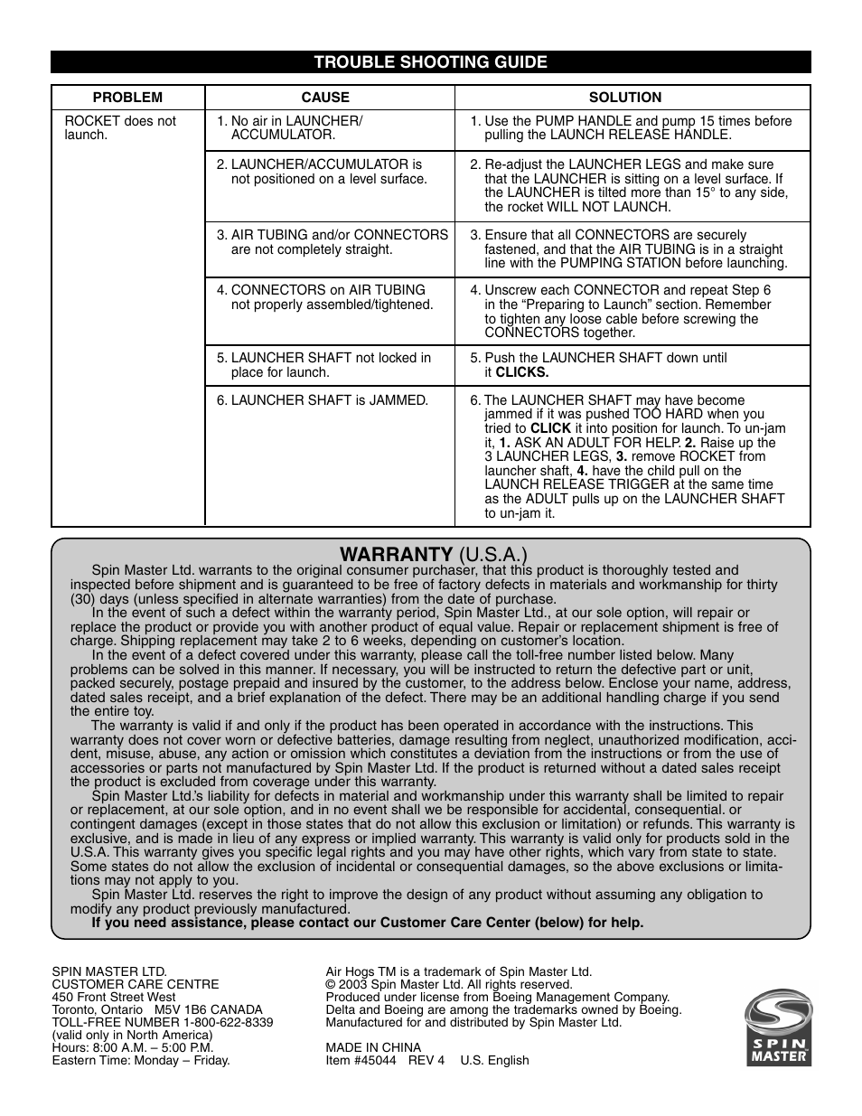 Warranty (u.s.a.) | Spin Master Air Hogs Boeing Delta Air Rocket User Manual | Page 4 / 4