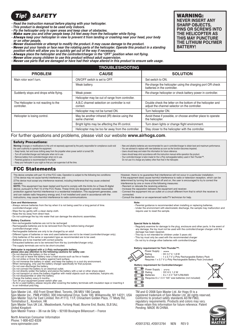Tip! safety, Warning, Fcc statements | Troubleshooting, Problem, Cause, Solution | Spin Master Air Hogs RC Twin Thunder User Manual | Page 4 / 4