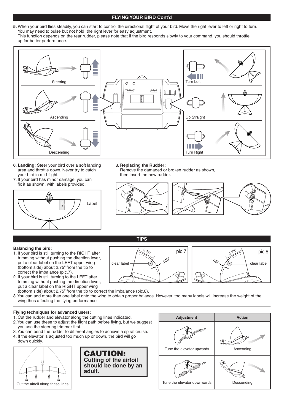 Important, Caution, Bird must be trimmed correctly before flying | Cutting of the airfoil should be done by an adult, Indoors, Pic.4 pic.3, Pic.6, Pic.5, Pic.7, Pic.8 | Spin Master Air Hogs RC V-Wing Avenger User Manual | Page 3 / 4