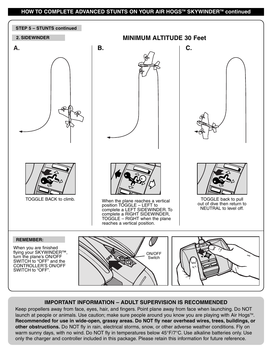 B. c, Minimum altitude 30 feet | Spin Master Air Hogs Skywinder User Manual | Page 6 / 8