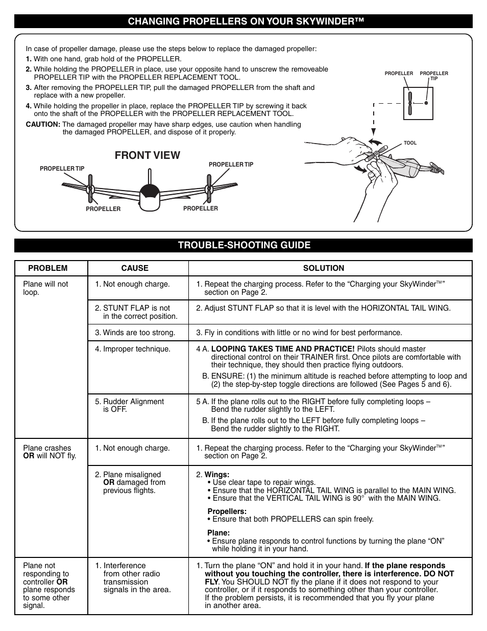 Front view, Changing propellers on your skywinder, Trouble-shooting guide | Spin Master Air Hogs Skywinder User Manual | Page 7 / 8